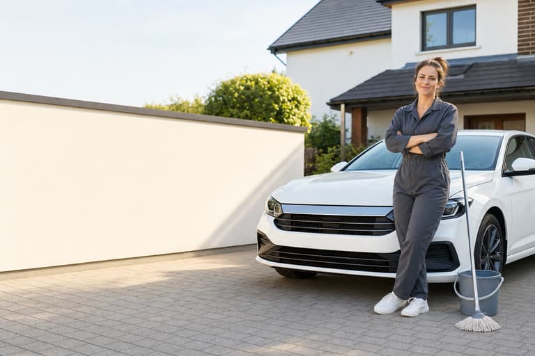 A cleaning business owner beside her car on a suburban driveway